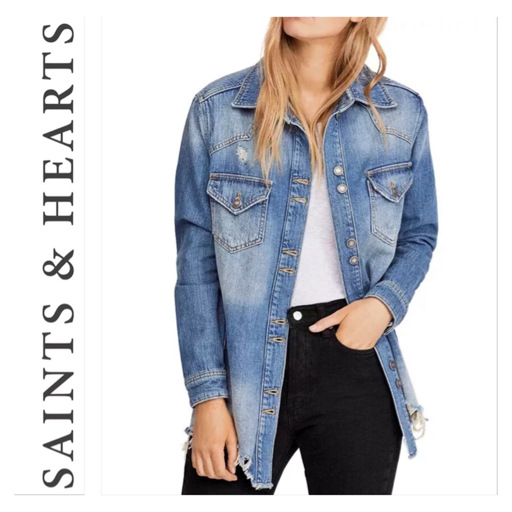 Saints & Hearts Moonchild Distressed Denim Jean Long Shirt Jacket Size Small S